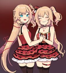  2girls akai_haato akai_haato_(gothic_lolita) aqua_eyes bare_shoulders blonde_hair blush bow breasts choker cleavage commentary dress dual_persona english_commentary frilled_dress frills gradient_background hair_ornament hair_ribbon hairbow heart heart_hair_ornament heart_necklace highres himuhino hololive interlocked_fingers jewelry long_hair looking_at_viewer looking_back multiple_girls nail_polish necklace official_alternate_costume open_mouth red_background red_dress red_nails ribbon smile thigh_strap thighhighs very_long_hair virtual_youtuber zettai_ryouiki 