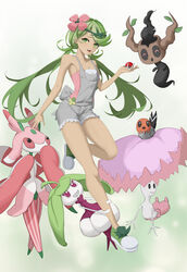  :d absurdres bare_arms breasts cleavage commentary_request dark-skinned_female dark_skin female fletchling flower footwear_ribbon green_eyes green_footwear green_hair green_headband green_ribbons grey_overalls hand_up headband highres holding holding_poke_ball leg_up long_hair lurantis mallow_(pokemon) md5_mismatch open_mouth overall_shorts overalls phantump pink_flower pink_shirt poke_ball poke_ball_(basic) pokemon pokemon_(creature) pokemon_sm ribbon shiinotic shirt shoes smile steenee swept_bangs twintails yeyiye_(2954504619) 