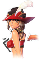  :o adventurer_(ff11) animal_nose breasts brown_eyes brown_hair cat_girl cat_tail covered_nipples facial_mark feathers female final_fantasy final_fantasy_xi hair_between_eyes hat hat_feather long_hair low-tied_long_hair medium_breasts mithra_(ff11) oerba_yun_fang open_mouth red_mage_(final_fantasy) simple_background solo tail tail_raised taisai_soft upper_body whisker_markings white_background white_feathers 