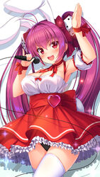  absurdres animal_ears antenna_hair arm_up armpits bare_shoulders black_panties blush breasts cleavage commentary cowboy_shot di_gi_charat dice dice_hair_ornament dress drop_shadow female frilled_dress frills hair_ornament heart highres kageira large_breasts layered_skirt long_hair microphone neck_ribbon open_mouth panties pantyshot pink_hair rabbit_ears red_dress red_eyes ribbon simple_background skirt solo thighhighs twintails underbust underwear usada_hikaru very_long_hair white_thighhighs zettai_ryouiki 