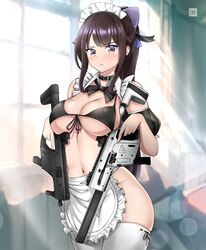  apron bare_shoulders bikini black_bikini black_choker black_hair bottomless bow bowtie breasts brown_eyes choker cowboy_shot detached_collar detached_sleeves dual_wielding female freshtango frills front-tie_bikini_top front-tie_top gun hairbow highres holding holding_gun holding_weapon indoors kriss_vector large_breasts long_hair looking_at_viewer maid maid_apron maid_bikini maid_headdress navel original parted_lips ponytail satomi_(freshtango) sidelocks skindentation solo standing stomach string_bikini submachine_gun sunlight sweat swimsuit thighhighs trigger_discipline unconventional_maid waist_apron weapon white_thighhighs 