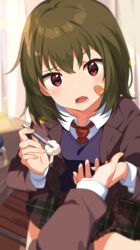  1other bandaid bandaid_on_cheek bandaid_on_face blurry blurry_background blush brown_jacket cotton_ball depth_of_field female green_hair hand_grab head_tilt highres holding idolmaster idolmaster_million_live! idolmaster_million_live!_theater_days inuyama_nanami jacket looking_at_viewer medium_hair miniskirt nagayoshi_subaru necktie open_clothes open_jacket open_mouth pov pov_hands purple_vest red_eyes red_necktie school_uniform sitting skirt tweezers unmoving_pattern vest 