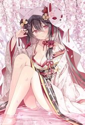  animal_hood bare_legs barefoot blush breasts brown_hair cherry_blossoms choker cleavage collarbone commentary female floral_print flower fox_hood fox_mask hair_ornament hood hoshino_koucha japanese_clothes kanzashi kimono large_breasts looking_at_viewer mask obi off_shoulder open_clothes original panties pantyshot petals red_eyes ripples sash side_ponytail sitting solo tsumami_kanzashi twirling_hair underwear water 