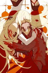  2boys araragi_koyomi backless_dress backless_outfit bare_shoulders black_hair blood blood_on_clothes blood_on_hands dress elbow_gloves feet female floor gakuran gloves hair_ribbon highres hug kiss-shot_acerola-orion_heart-under-blade kizumonogatari lipstick long_hair makeup monogatari_(series) multiple_boys oshino_meme oshino_shinobu panyasan_777 platform_footwear pointy_ears red_dress ribbon sandals school_uniform short_hair toes unconscious vampire white_gloves 