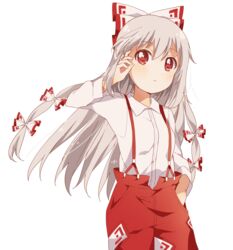  bow closed_mouth collared_shirt commentary cowboy_shot female fujiwara_no_mokou grey_hair hairbow hand_in_own_hair hand_in_pocket highres long_hair long_sleeves looking_at_viewer multiple_bows namori_(style) ofuda ofuda_on_clothes pants red_eyes red_pants sasaki_sakiko shirt simple_background solo standing suspenders touhou white_background white_shirt 