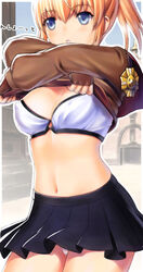  adventurer_(ff11) black_bra black_skirt blonde_hair blue_eyes bra breasts brown_gloves brown_jacket cleavage covered_nipples cowboy_shot crossed_bangs female final_fantasy final_fantasy_xi fingerless_gloves gloves hair_between_eyes hume jacket legs_together long_sleeves midriff miniskirt navel outline panties pantyshot pleated_skirt ponytail puffy_long_sleeves puffy_sleeves scholar_(final_fantasy) short_hair skirt solo standing taisai_soft thighs two-tone_bra underwear undressing white_bra white_outline white_panties 