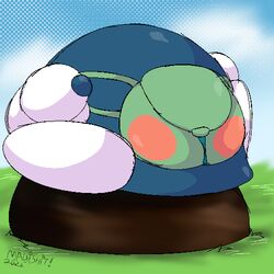  1:1 2022 aliasing alien backpack blue_body buzzer_(artist) clothing day detailed_background digital_drawing_(artwork) digital_media_(artwork) eggerlander gloves grass handwear kirby:_right_back_at_ya! kirby_(series) lololo low_res male nintendo not_furry outside plant rear_view sitting solo waddling_head white_clothing white_gloves white_handwear 