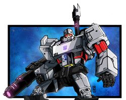  absurdres arm_cannon border clenched_hand cropped_legs decepticon english_commentary highres insignia lextodrawstuff looking_at_viewer mecha megatron megatron_(idw) no_humans open_hand red_eyes robot solo the_transformers_(idw) transformers weapon 