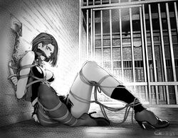  asymmetrical_legwear bondage bondage bondage bound breasts chains chen_zi female fire_emblem fire_emblem:_three_houses frogtie gagged greyscale high_heels highres knife medium_breasts monochrome prison restrained rope shamir_nevrand shibari_over_clothes short_hair sitting torn_clothes uneven_legwear weapon 