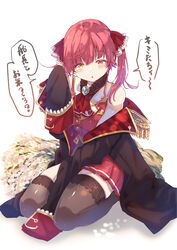  :o blunt_bangs breasts female heterochromia highres hololive houshou_marine houshou_marine_(1st_costume) long_hair looking_up medium_breasts off_shoulder open_mouth red_eyes red_hair red_skirt seiza sitting skindentation skirt sleeves_past_fingers sleeves_past_wrists solo speech_bubble thighhighs translated twintails virtual_youtuber yagi_(yagiumaaai) yellow_eyes 