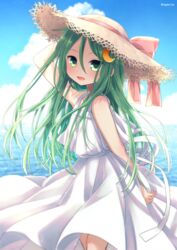  blush cloud cloudy_sky commission crescent crescent_hair_ornament day dress feet_out_of_frame female green_eyes green_hair hair_ornament hat highres kantai_collection long_hair looking_at_viewer nagasioo nagatsuki_(kancolle) open_mouth skeb_commission sky sleeveless sleeveless_dress smile solo sun_hat sundress twitter_username white_dress 