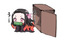  aged_down bamboo bit_gag black_hair box cardboard_box chibi commentary_request female gag gale_kawaii gradient_hair hair_ribbon kamado_nezuko kimetsu_no_yaiba multicolored_hair orange_hair pink_eyes pink_ribbon ribbon solo 