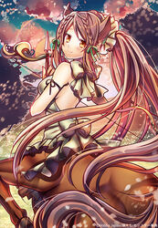  animal_ears arrow_(projectile) bare_shoulders blush bow_(weapon) braid breasts brown_eyes brown_hair centaur cloud commentary_request copyright_name female hair_ribbon holding holding_arrow holding_bow_(weapon) holding_weapon horse_ears long_hair looking_at_viewer meme_attire moeru!_jiten moeru!_monster_jiten_riku_no_maki monster_girl official_art original outdoors ribbon sky smile solo suou_sakura taur twin_braids very_long_hair virgin_killer_sweater weapon 