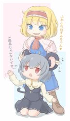  2girls alice_margatroid animal_ears black_skirt black_vest blonde_hair blue_dress blue_eyes blush capelet commentary commentary_request cookie_(touhou) dress ear_fondling flying_sweatdrops full_body grey_hair hair_between_eyes hairband highres ichigo_(cookie) kitsune_kemono looking_at_another looking_down mouse_ears mouse_girl mouse_tail multiple_girls nazrin necktie nyon_(cookie) open_mouth red_eyes red_hairband red_necktie shirt short_hair sitting skirt smile standing tail touhou translated vest white_capelet white_shirt 