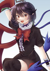  :d absurdres antenna_hair arm_behind_head arm_up asymmetrical_wings black_dress black_hair black_thighhighs blue_background blurry bow bowtie breasts brown_eyes center_frills depth_of_field dress feet_out_of_frame female frills gradient_background hair_between_eyes hayashida_chiyo highres holding holding_polearm holding_weapon houjuu_nue looking_at_viewer open_mouth pointy_ears polearm red_bow red_bowtie short_hair short_sleeves small_breasts smile snake solo teeth thighhighs touhou upper_teeth_only weapon wings wrist_cuffs 