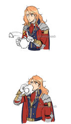  1boy cape commentary drinking english_commentary ferdinand_von_aegir fire_emblem fire_emblem:_three_houses flamingo_(eme324) gloves long_hair male_focus messy_hair multiple_views orange_hair sleepy tea teapot twitter_username white_background white_gloves you&#039;re_doing_it_wrong 