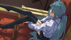  aqua_eyes aqua_hair commentary female from_above hair_ornament hands_on_own_legs hatsune_miku highres lab2linch long_hair looking_at_viewer neck_ribbon ottoman ribbon shirt sideways_glance sitting solo thighhighs throne twintails very_long_hair vocaloid white_shirt zettai_ryouiki 