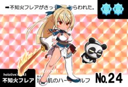  blonde_hair bow breasts card_(medium) character_name chibi cleavage copyright_name dark-skinned_female dark_skin detached_sleeves elf female flaming_sword flaming_weapon floating glowing glowing_eyes hairbow high_ponytail holding holding_sword holding_weapon hololive kintsuba_(shiranui_flare) konboi-eg large_breasts long_hair multicolored_hair orange_eyes pointy_ears shiranui_flare shiranui_flare_(old_design) single_thighhigh solo streaked_hair sword thighhighs trading_card v-shaped_eyebrows virtual_youtuber weapon yellow_eyes 