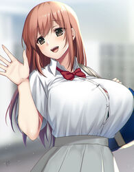  blue_bag blurry blurry_background bow bowtie breasts brown_eyes brown_hair button_gap female grey_skirt highres huge_breasts long_hair looking_to_the_side open_mouth original red_bow red_bowtie shirt signature skirt smile solo straight_hair suzuki_nene tented_shirt uniform upper_body waving_arm white_shirt 