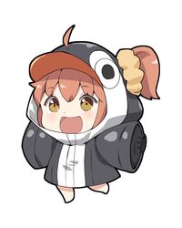  aged_down ahoge animal_hood brown_eyes chibi commentary_request cosplay fate/grand_order fate_(series) female fujimaru_ritsuka_(female) gale_kawaii hair_ornament hair_scrunchie hood meltryllis_(fate) meltryllis_(swimsuit_lancer)_(fate) meltryllis_(swimsuit_lancer)_(fate)_(cosplay) meltryllis_(swimsuit_lancer)_(first_ascension)_(fate) open_mouth orange_hair outstretched_arms penguin_hood scrunchie side_ponytail sleeves_past_fingers sleeves_past_wrists smile solo 