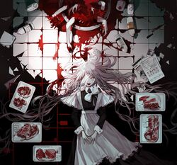  :d ahoge apron bandage_over_one_eye bandaged_head bandages basin black_dress blood blood_in_hair blood_on_hands blood_on_knife body_parts bottle bow bowtie buttoned_cuffs buttons chemicals collared_dress copyright_request disembodied_hand dress female fingerprint floor_tiles food frilled_apron frills grey_eyes guro hair_over_one_eye hair_spread_out highres implied_cannibalism indoors kitchen_knife knife long_hair long_sleeves looking_at_viewer lying maid maid_apron meat mo_(mocopo) on_back on_floor one_eye_covered open_mouth paper photo_(object) pink_hair shards smile solo teeth tile_floor tiles undone_bowtie upper_teeth_only very_long_hair wavy_hair white_apron white_bow white_bowtie 