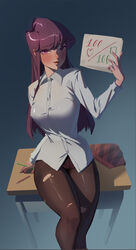  absurdres arm_support black_eyes black_hair breasts closed_mouth collared_shirt desk female highres holding holding_notebook komi-san_wa_komyushou_desu komi_shouko long_hair looking_at_viewer mazzenka meme notebook on_desk panties panty_peek pantyhose pencil school_desk shirt skirt solo twitter_strip_game_(meme) underwear unworn_skirt white_shirt 