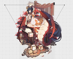  absurdly_long_hair bell black_hair black_horns breasts center_opening cleavage creature detached_sleeves dragon_girl dragon_horns dragon_tail dragon_wings dress female full_body grey_background hand_up highres horns jewelry kneeling lantern large_breasts large_tail light_smile long_hair long_sleeves looking_at_viewer low_wings obon original plant puffy_long_sleeves puffy_sleeves rain_lan red_wings scales see-through see-through_sleeves slit_pupils solo tail tiara very_long_hair white_dress wings 