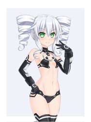  bare_shoulders black_gloves black_legwear black_sister blush breasts cameltoe choujigen_game_neptune_mk2 covered_nipples cowboy_shot crop_top drill_hair elbow_gloves female gloves green_eyes groin hair_between_eyes hand_on_own_hip hand_up highres kazuneko_(wktk1024) looking_at_viewer medium_hair navel neptune_(series) o-ring o-ring_top power_symbol power_symbol-shaped_pupils revealing_clothes sideboob sleeveless small_breasts smile solo stomach symbol-shaped_pupils thighs twin_drills white_hair 