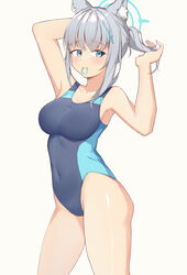  absurdres animal_ear_fluff animal_ears black_one-piece_swimsuit blue_archive blue_eyes breasts competition_swimsuit covered_navel cross_hair_ornament extra_ears female grey_hair hair_ornament halo highres hitori_yui holding holding_own_hair low_ponytail medium_breasts medium_hair mismatched_pupils mouth_hold multicolored_clothes multicolored_swimsuit official_alternate_costume one-piece_swimsuit rubber_band shiroko_(blue_archive) shiroko_(swimsuit)_(blue_archive) simple_background solo swimsuit white_background wolf_ears 