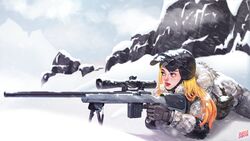  absurdres bandolier blonde_hair blue_eyes bolt_action camouflage camouflage_jacket chin_strap commentary elbow_pads english_commentary female finger_on_trigger gloves gun helmet highres jacket lips lying making-of_available mountain nose on_stomach playerunknown&#039;s_battlegrounds remington_arms remington_model_700 rifle scope sniper_rifle snow suisui_again tripod weapon welding_mask 