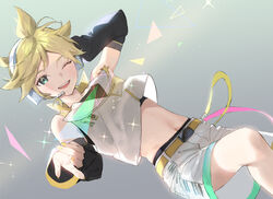  1boy adapted_costume bare_shoulders bishounen blonde_hair blue_eyes hand_in_own_hair headphones kagamine_len looking_at_viewer male_focus microphone midriff_peek naoko_(naonocoto) navel one_eye_closed open_mouth shorts simple_background teeth upper_teeth_only vocaloid white_shorts yellow_nails 