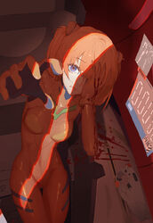  absurdres blood blue_eyes breasts commentary entry_plug female hair_over_one_eye hand_over_eye highres interface_headset la~la medium_breasts neon_genesis_evangelion outstretched_arms plugsuit segment_display solo souryuu_asuka_langley the_end_of_evangelion thigh_gap twintails 