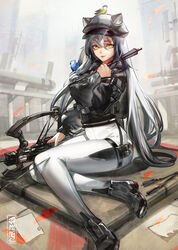  animal_on_head animal_on_shoulder arknights arrow_(projectile) bird bird_on_head bird_on_shoulder black_footwear black_headwear black_jacket blue_bird blush build_driver commentary cropped_jacket crossbow ears_through_headwear english_commentary female full_body grey_hair hair_between_eyes high-waist_pants highres holding holding_arrow holster ja_mong jacket long_hair long_sleeves looking_at_viewer official_alternate_costume on_ground on_head outdoors pants red_lips schwarz_(arknights) schwarz_(skyline)_(arknights) sitting solo thigh_holster weapon white_pants yellow_eyes 