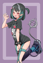  black_footwear black_hair black_shirt black_thighhighs blue_hair blue_socks blush bracelet commentary_request demon_girl demon_horns demon_tail eye_hair_ornament female fingernails flat_chest foot_out_of_frame highres horns jewelry k_waremono looking_at_viewer medium_bangs multicolored_hair nanashi_inc. oerba_yun_fang official_alternate_costume ok_sign one_side_up open_mouth pointy_ears purple_background red_eyes red_nails shirt shishio_chris shishio_chris_(3rd_costume) shoes short_hair short_sleeves single_thighhigh smile sneakers socks solo spiked_bracelet spikes tail thighhighs two-tone_hair virtual_youtuber 