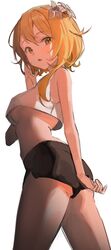  absurdres ass bad_id bad_twitter_id bare_arms bare_shoulders black_shorts blonde_hair breasts cowboy_shot crop_top crop_top_overhang female flower from_side genshin_impact hair_flower hair_ornament hand_up harusame_(user_wawj5773) highres looking_at_viewer lumine_(genshin_impact) medium_breasts midriff open_mouth orange_eyes shirt short_hair_with_long_locks short_shorts shorts simple_background sleeveless sleeveless_shirt solo thighs underboob white_background white_shirt 