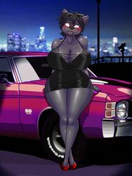  2020 3:4 anthro big_breasts black_clothing black_dress black_hair blush breasts canid canine canis car chevelle chevrolet city city_background cleavage clothed clothing colored_nails curvy_figure dracojeff dress exposure_variation female footwear fur grey_body grey_fur hair high_heels hourglass_figure looking_at_viewer male_(lore) mammal modelling motor_vehicle mtf_crossgender nails nipple_outline phyco pink_nails pose pumps red_clothing red_footwear red_high_heels rule_63 sitting_on_car sitting_on_vehicle smile solo stubble thick_thighs tongue tongue_out vehicle voluptuous wide_hips wolf 