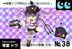  apex_legends b3_wingman baseball_cap bibi_(tokoyami_towa) card_(medium) chibi colored_inner_hair cropped_jacket demon_tail ear_piercing female fishnet_thighhighs fishnets flat_chest green_eyes gun handgun hat heterochromia holding holding_gun holding_weapon hololive konboi-eg light_blush long_hair midriff multicolored_hair navel navel_piercing oerba_yun_fang off_shoulder open_mouth piercing pink_eyes pink_hair pitchfork purple_hair short_shorts shorts single_thighhigh streaked_hair tail thighhighs tokoyami_towa tokoyami_towa_(1st_costume) trading_card v-shaped_eyebrows virtual_youtuber weapon yellow_eyes 