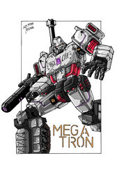  1boy absurdres arm_cannon border character_name clenched_hand decepticon english_commentary highres insignia lextodrawstuff looking_at_viewer mecha megatron megatron_(idw) no_humans open_hand red_eyes robot solo the_transformers_(idw) transformers weapon white_background 