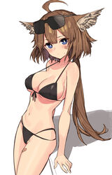  aciddrop_(arknights) ahoge animal_ear_fluff animal_ears arknights bandaid bandaid_on_cheek bandaid_on_face bandaid_on_leg bare_shoulders bikini black_bikini blue_eyes blush breasts bright_pupils brown_hair cleavage closed_mouth cowboy_shot eyebrows eyewear_on_head female front-tie_bikini_top front-tie_top head_tilt highres large_breasts leaning leaning_back long_hair looking_at_viewer low_ponytail multi-strapped_bikini navel owl_ears ponytail sidelocks sigm@ simple_background solo standing strap_gap sunglasses sweatdrop swimsuit visor white_background white_pupils 