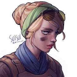  alternate_costume aviator_sunglasses blonde_hair blue_eyes commentary english_commentary eyebrows eyewear_on_head facepaint female green_hairband hair_bun hairband highres lips looking_at_viewer nose portrait rainbow_six_siege scarf short_hair signature single_hair_bun solo suisui_again sunglasses twitter_username updo valkyrie_(rainbow_six_siege) white_background 