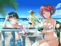  1boy 2girls alternate_costume bad_id bad_twitter_id beach bikini blonde_hair bob_cut chest_jewel highres multiple_girls mythra_(xenoblade) navel outdoors pyra_(xenoblade) red_eyes red_hair rex_(xenoblade) shiroxai swept_bangs swimsuit topless_male water xenoblade_chronicles_(series) xenoblade_chronicles_2 