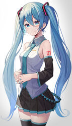  bare_shoulders bib_(bibboss39) black_skirt black_sleeves black_thighhighs blue_eyes blue_hair blue_nails blue_necktie blush breasts closed_mouth collared_shirt commentary cowboy_shot detached_sleeves female gradient_background grey_background grey_shirt hair_between_eyes happy hatsune_miku highres interlocked_fingers long_hair long_sleeves looking_at_viewer nail_polish necktie own_hands_together pleated_skirt shirt skirt sleeveless sleeveless_shirt small_breasts smile solo standing thighhighs twintails very_long_hair vocaloid white_background wide_sleeves zettai_ryouiki 