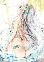  ass bare_arms bare_shoulders bikini blue_eyes blue_flower breasts closed_mouth commentary_request female flower from_behind grey_hair hair_flower hair_ornament highres long_hair looking_at_viewer looking_back original see-through small_breasts smile solo swimsuit two_side_up very_long_hair water white_bikini yan_(nicknikg) yellow_flower 