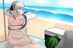  back bare_shoulders beach beach_umbrella bikini bikini_under_clothes breasts female food foot_out_of_frame fruit girls&#039;_frontline grey_hair hair_ribbon highres jacket large_breasts looking_away medium_hair ocean official_alternate_costume outdoors paaam red_eyes ribbon sand see-through see-through_jacket sideboob sitting solo spas-12_(girls&#039;_frontline) spas-12_(midsummer_fruit)_(girls&#039;_frontline) swimsuit toes towel umbrella water watermelon white_bikini 