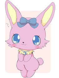  2023 accessory anthro azuo blue_eyes blue_ribbon blush bow_ribbon female fur hair_accessory hair_ribbon hairbow hi_res jewelpet jewelry lagomorph leporid luna_(jewelpet) mammal necklace pink_body pink_fur question_mark rabbit ribbons sanrio solo 