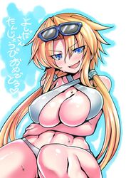  blonde_hair blue_eyes blush borrowed_character breasts cleavage eyewear_on_head female hair_between_eyes himekawa_hinari large_breasts long_hair looking_at_viewer navel oerba_yun_fang open_mouth original skin_fang smile solo sunglasses swimsuit tukiwani twintails water_drop white_background 