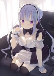  black_thighhighs blue_hair blunt_bangs bow bowtie braid breasts cleavage couch curtains detached_sleeves double_bun dress drill_hair female frilled_dress frills hair_bun kamizaki_hibana large_breasts long_hair looking_at_viewer maid maid_girl_(kamizaki_hibana) maid_headdress original paw_pose purple_eyes purple_hair purple_ribbon ribbon sidelocks simple_background sitting smile solo thighhighs twin_drills wrist_cuffs yokozuwari 