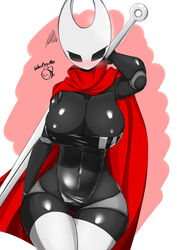  absurd_res annoyed anthro arthropod big_breasts biped black_body blush breasts cloak clothed clothing female gris_swimsuit hi_res holding_object holding_weapon hollow_knight hornet_(hollow_knight) insects legwear melee_weapon meme meme_clothing navel nipple_outline one-piece_swimsuit signature simple_background solo swimwear team_cherry text thigh_highs translucent translucent_clothing translucent_swimwear weapon wide_hips woebeeme 