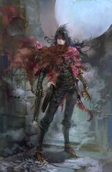  1boy black_hair christian_angel clawed_gauntlets cloak final_fantasy final_fantasy_vii gauntlets gun headband highres long_hair male_focus messy_hair moon pale_skin pointed_footwear puddle red_eyes revolver solo torn_clothes vincent_valentine weapon 