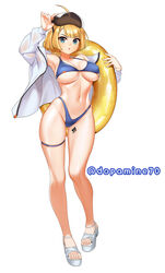  ahoge aqua_eyes artist_name bikini blonde_hair blue_bikini breasts dopamine70 female full_body goggles goggles_on_head griffon_(last_origin) highres innertube jacket large_breasts last_origin leg_tattoo navel open_clothes open_jacket sandals short_hair skindentation swim_ring swimsuit tattoo thigh_strap white_background white_jacket 